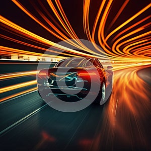 Futuristic speeding car back view curving tunnel light streaks