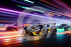 Futuristic Speedsters  Race Cars on a Neon Track.AI Generated