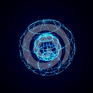 Futuristic sphere from particle grid. Global network connection structure. Big data visualization. 3D rendering
