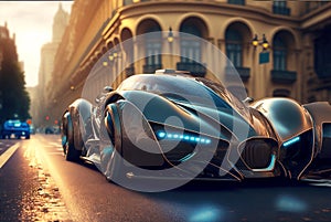 Futuristic sport car drives on city street, luxury auto on buildings background, generative AI