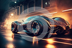 Futuristic sport car drives on city street at night, luxury car moves fast, generative AI