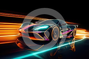 Futuristic sport car at road with motion blur light effect. Generative AI