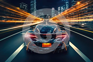 Futuristic sport car at road with motion blur light effect. Generative AI