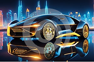 A futuristic sport car, wheels made up of bitcoin, trading concept