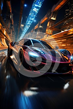 Futuristic sportcar on neon highway