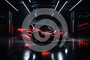 Futuristic sports car on a dark background. 3d rendering