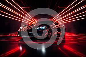 Futuristic sports car on a dark background. 3d rendering