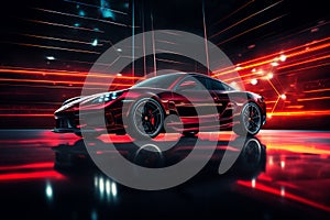 Futuristic sports car on a dark background. 3d rendering