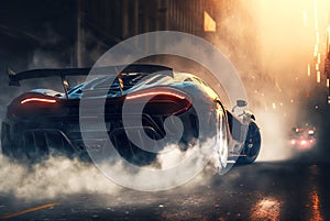 Futuristic sports car drifting in city, luxury racing car in smoke from burning tires, generative AI