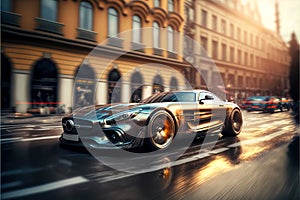Futuristic sports car drives fast on city street, luxury shiny auto at sunset, generative AI
