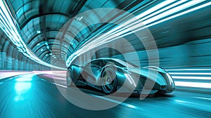 A futuristic sports car drives quickly through an abstract light tunnel