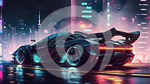 A futuristic sports car, driving on a neon-lit futuristic cityscape at night