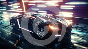 Futuristic sports car high speed drive with neon background