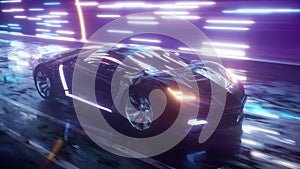 Futuristic sports car high speed drive with neon background. Seamless loop