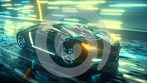 Futuristic sports car high speed drive with neon background. Seamless loop