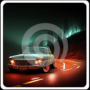 Futuristic sports car on a highway in the lights, retro cyberpunk, cool convertible speed driving car, ai generative