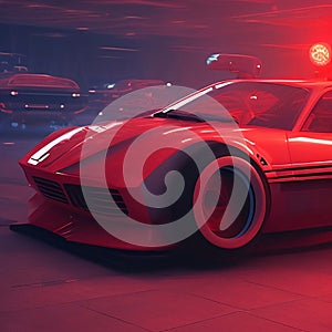 Futuristic sports car on a highway in the lights, retro cyberpunk, cool convertible speed driving car, ai generative