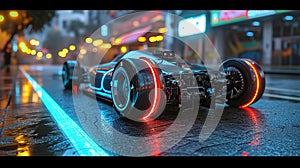Futuristic sports car illuminated with neon lights in modern urban environment, aesthetic night scene