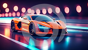 Futuristic sports car on neon highway powerful acceleration of a supercar on a night track with