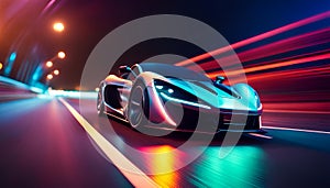 Futuristic sports car on neon highway powerful acceleration of a supercar on a night track with