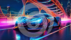 futuristic sports car on neon track