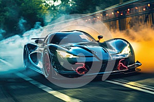 Futuristic sports car performing burnout or drifting on racing track with smoke and heat