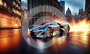 Futuristic sports car speeding through city streets