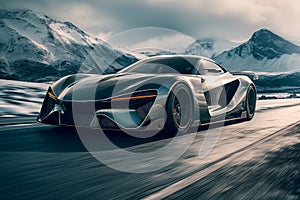 A futuristic sports car speeding down a curved road on the snowy mountains