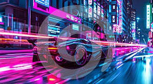 Futuristic sports car speeding through neon-lit cyberpunk city street. Sleek vehicle in a vibrant urban night. Concept