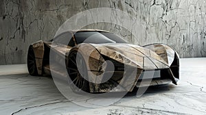 A futuristic sports car with a unique wooden design, parked against a concrete wall photo