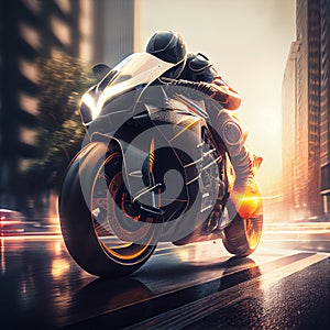 futuristic sports motorbike in the rays of the setting sun in a modern city