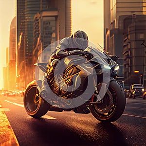 futuristic sports motorbike in the rays of the setting sun in a modern city