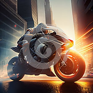 futuristic sports motorbike in the rays of the setting sun in a modern city