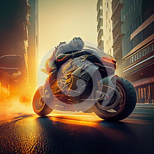 futuristic sports motorbike in the rays of the setting sun in a modern city