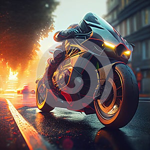 futuristic sports motorbike in the rays of the setting sun in a modern city