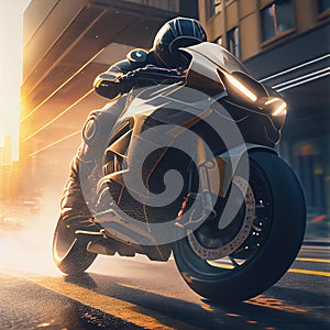 futuristic sports motorbike in the rays of the setting sun in a modern city