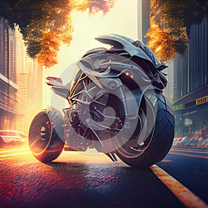 futuristic sports motorbike in the rays of the setting sun in a modern city