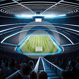 Futuristic stadium filled with spectators watching advanced sports and competitions