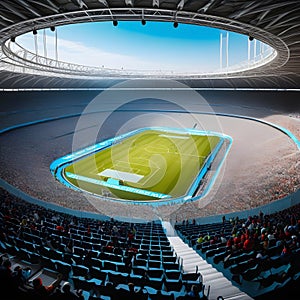 Futuristic stadium filled with spectators watching advanced sports and competitions