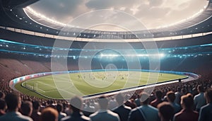 Futuristic stadium filled with spectators watching advanced sports and competitions