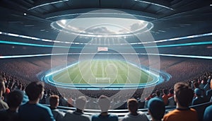 Futuristic stadium filled with spectators watching advanced sports and competitions