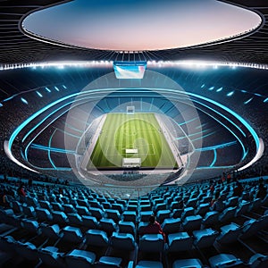 Futuristic stadium filled with spectators watching advanced sports and competitions