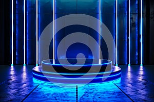 A futuristic stage with blue lights and a circular platform