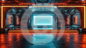 Futuristic Stage Design with Neon Lights and High-Tech Background