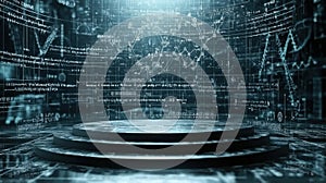 Futuristic stage with digital formulas and data visualization background for science presentation