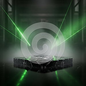 Futuristic stage with green laser beams and smoke for dramatic effect