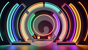 Futuristic stage with neon light circle frame