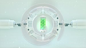 Futuristic stage with round frame green capsule with dna in it. Future background. biotechnology Sci-fi hi tech concept