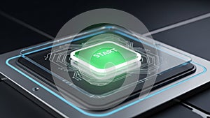 Futuristic start button on a digital interface with glowing green light