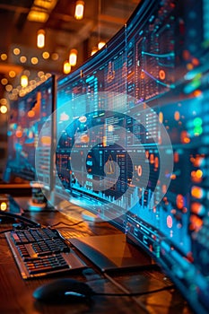 Futuristic startup office with holographic interface displaying data and analytics.